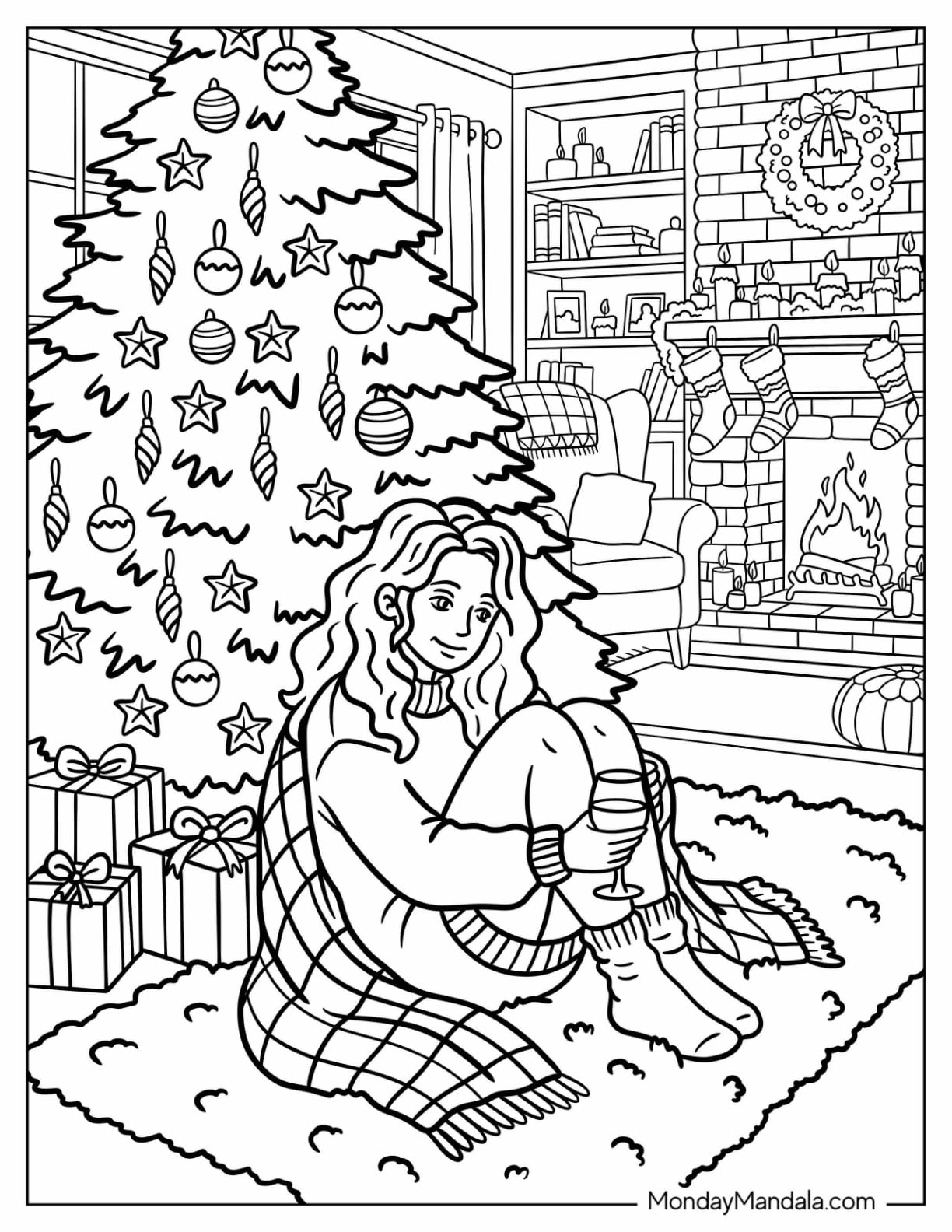 Relaxed Woman Drinking Wine Under the Christmas Tree Coloring Page for Adults