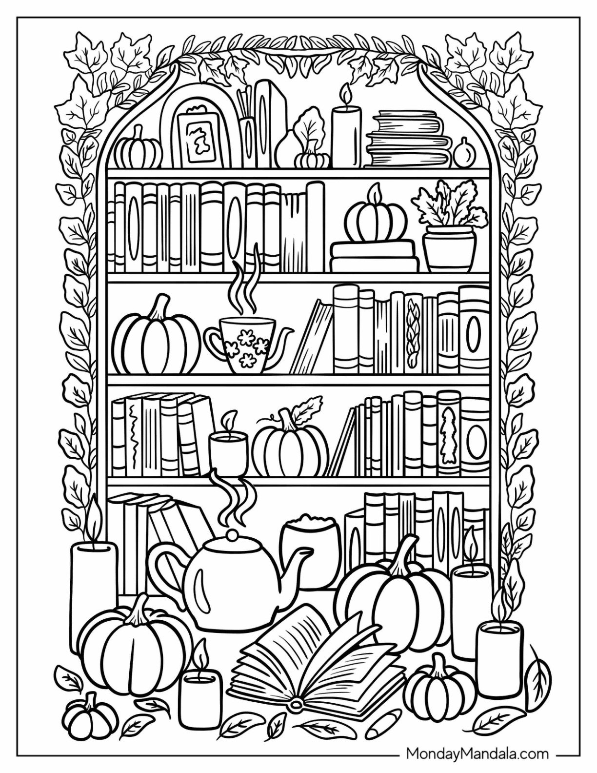 Autumn & Fall Coloring Page of Relaxing Fall Themed Library with Books, Tea, and Pumpkin Accents for Adults