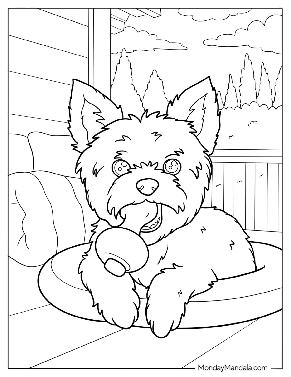 Relaxing Yorkie Coloring Page of Terrier with Bone on Porch