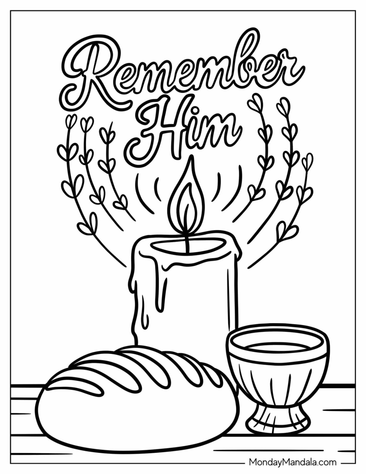 Remember Him Text Over Communion Elements on Religious Easter Coloring Page