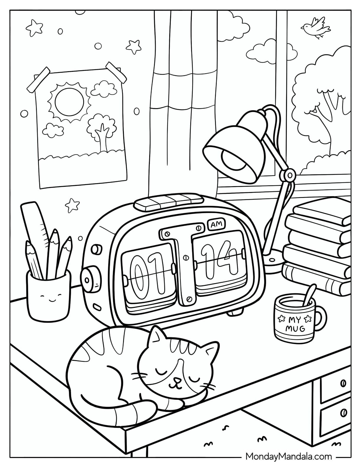 Retro Flip Clock Beside a Sleeping Cat on a Desk Coloring Page