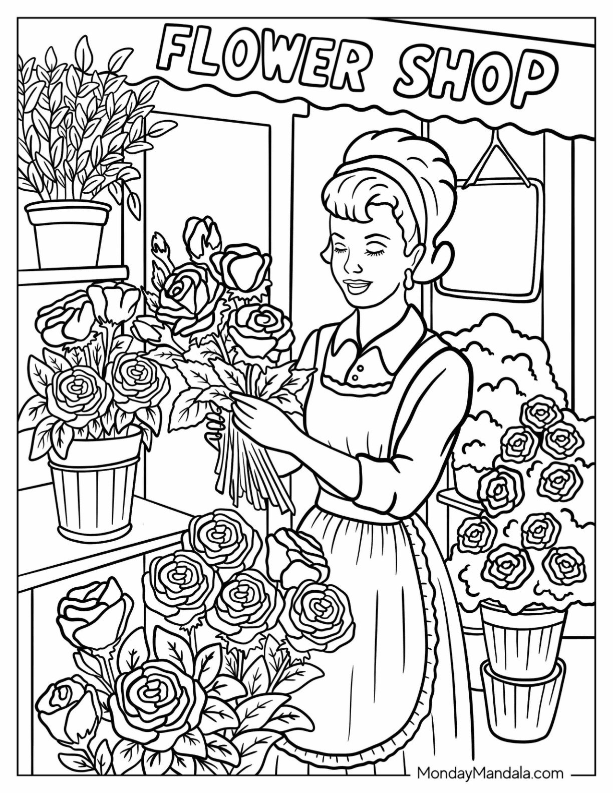 Vintage Coloring Page of Retro Florist in Apron Creating a Rose Bouquet in Classic Shop for Adults
