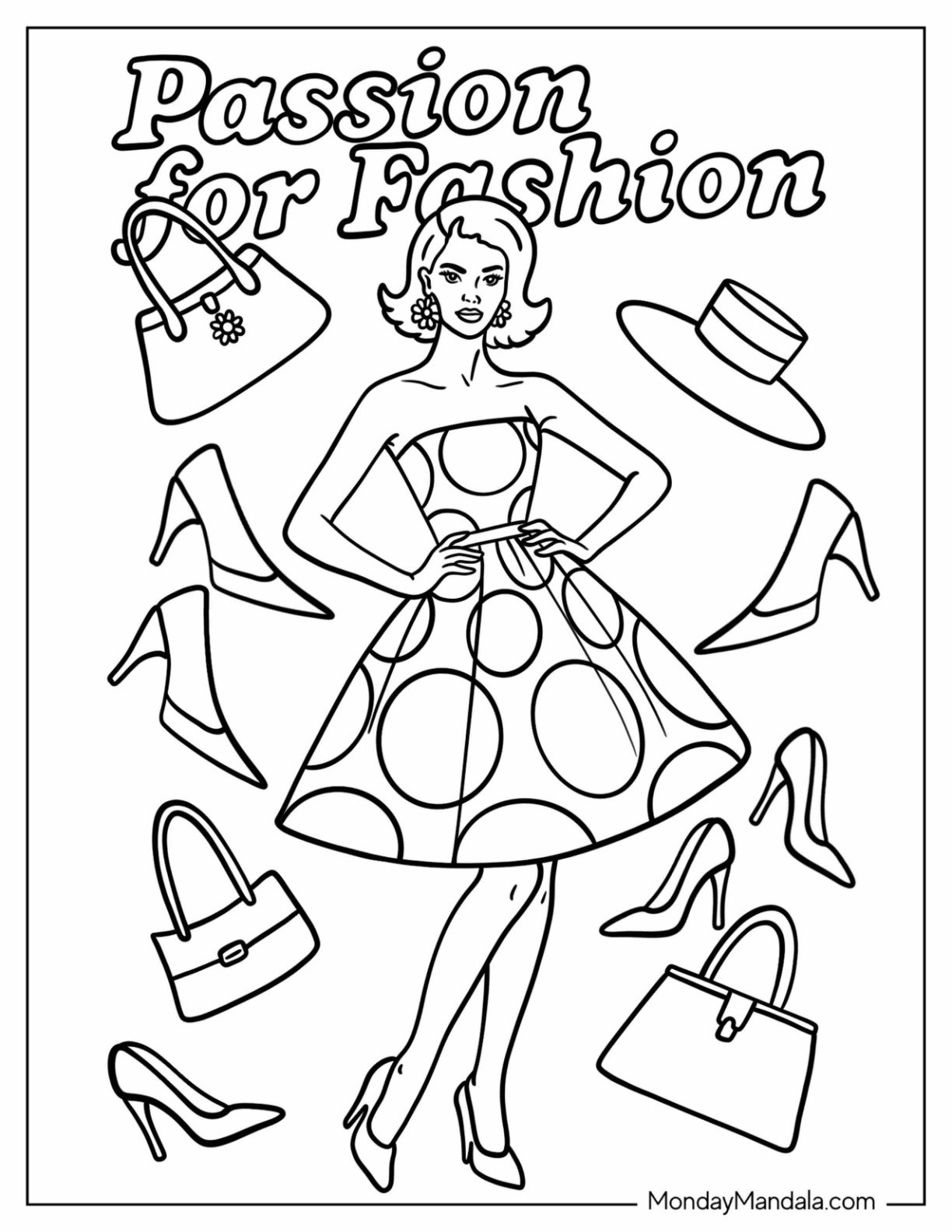 Retro Polka Dot Dress with High Heels and Handbags in Vintage Fashion Coloring Page