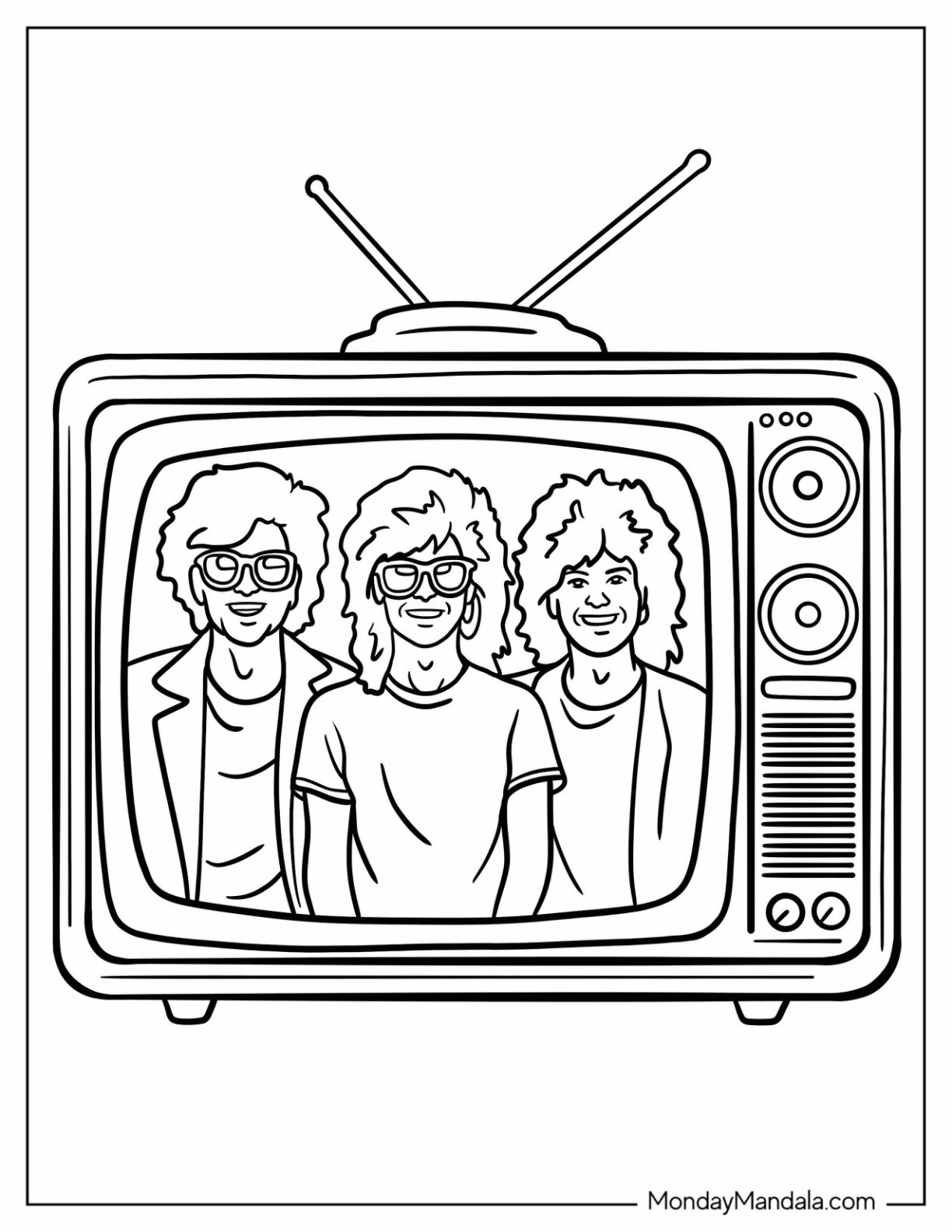 Retro Rock Band on Vintage TV 80's Coloring Page