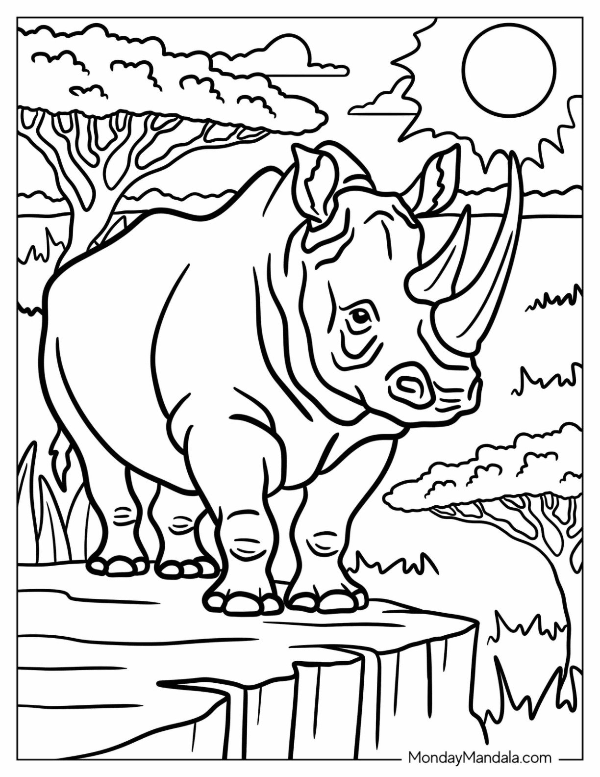Rhino Coloring Page Standing on a Rock on a Sunny Day for Kids