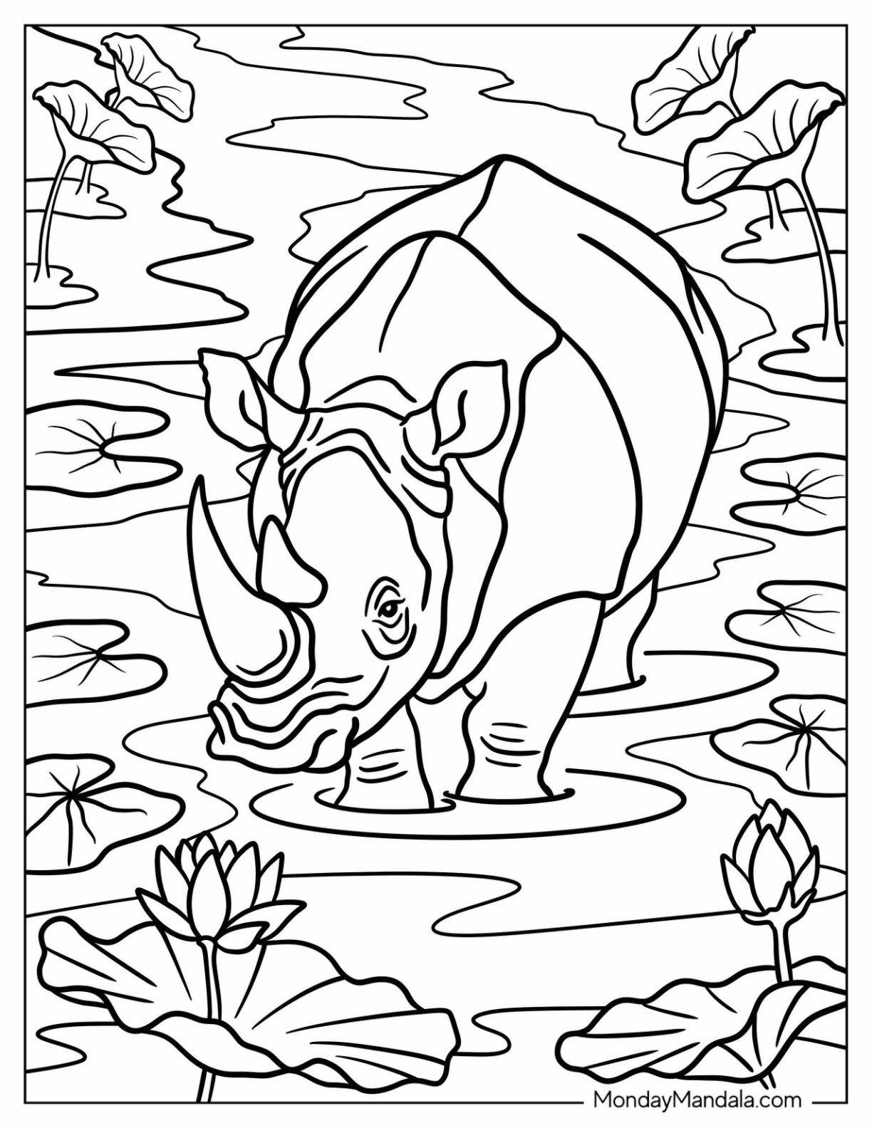 Rhino Coloring Page Walking Through a Pond with Water Lilies