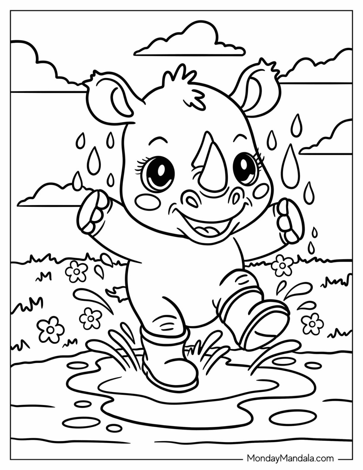 Rhino Coloring Page in Rain Boots Playing in a Puddle