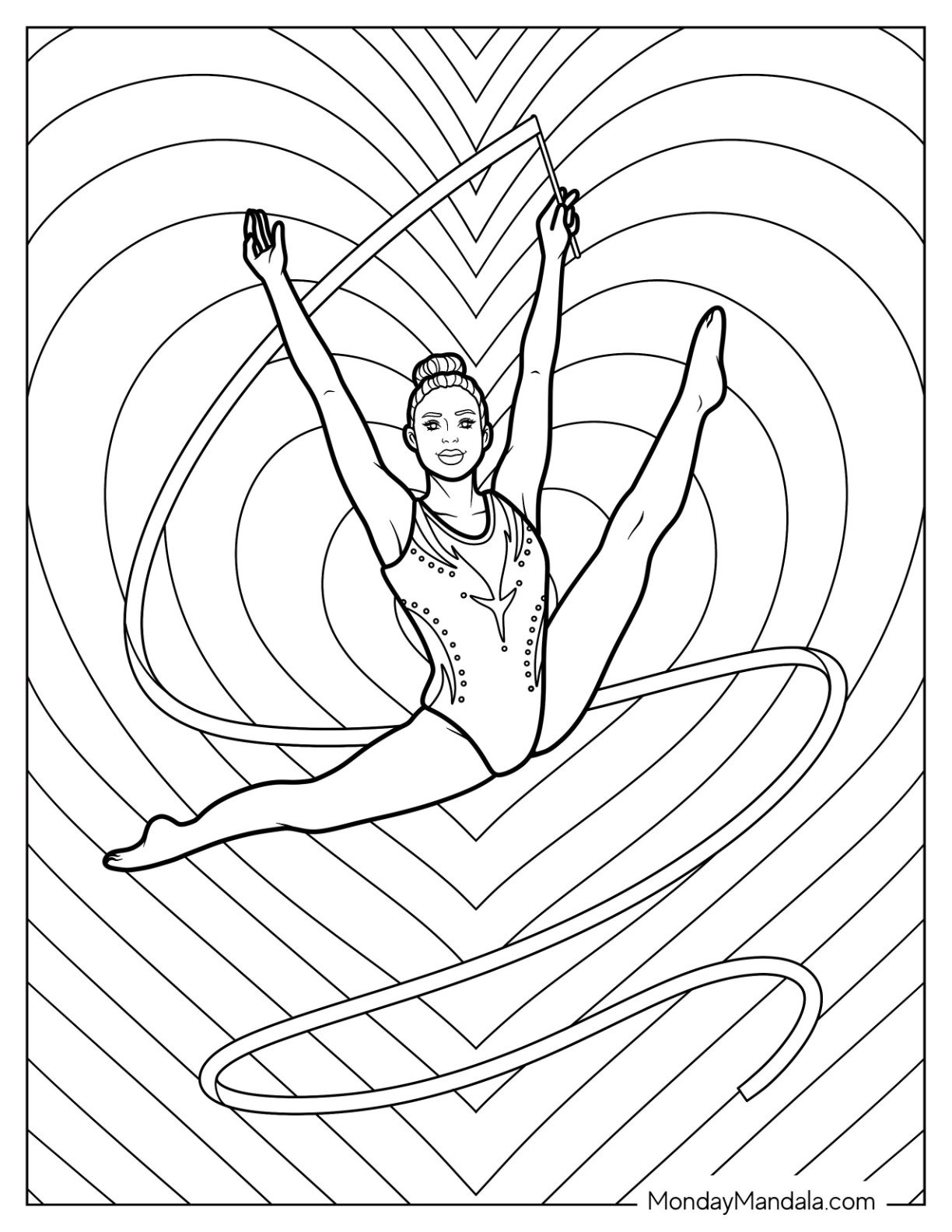 Gymnastics Coloring Page of Rhythmic Gymnast Performing Split Leap with Flowing Ribbon and Heart Pattern