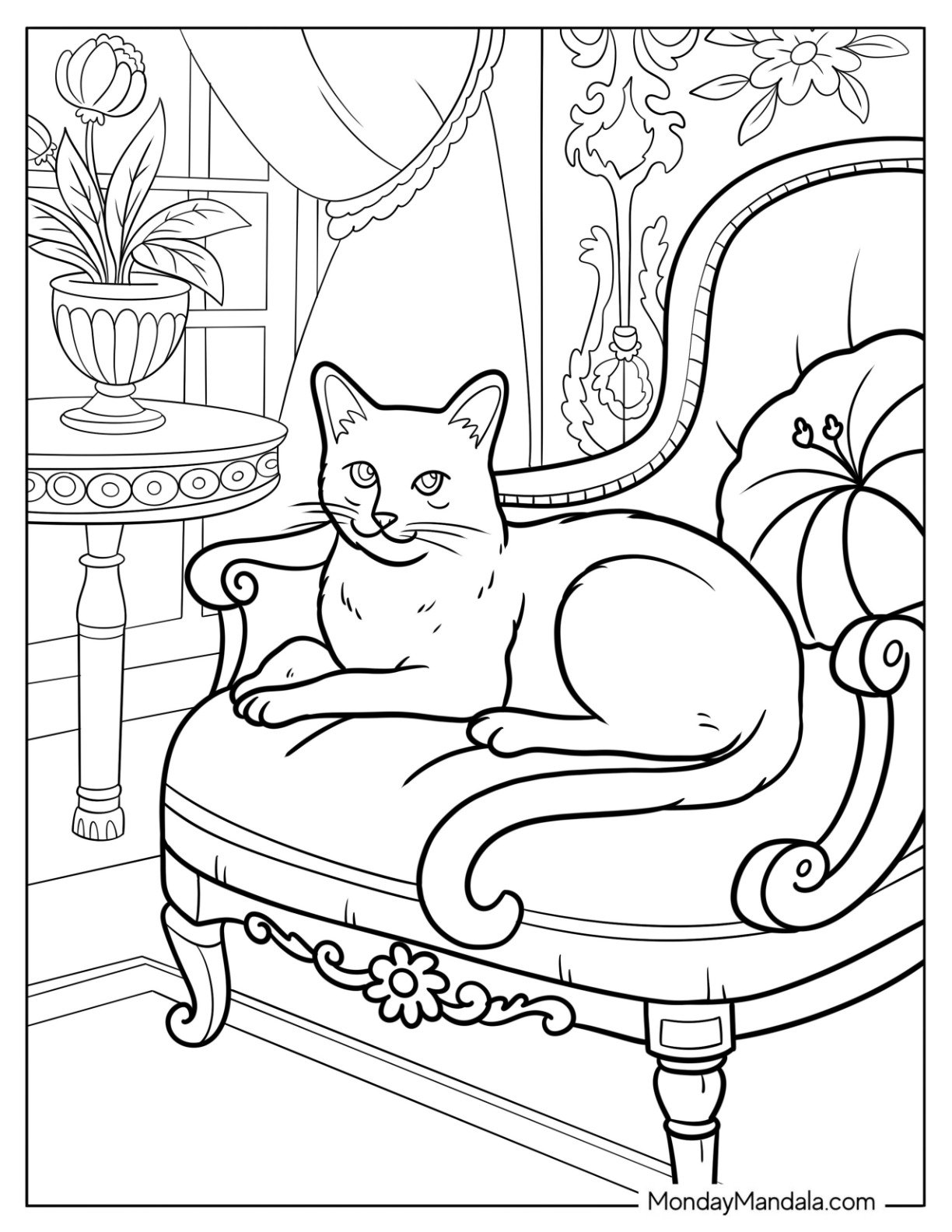 Rich Cat Coloring Page Lounging on an Armchair