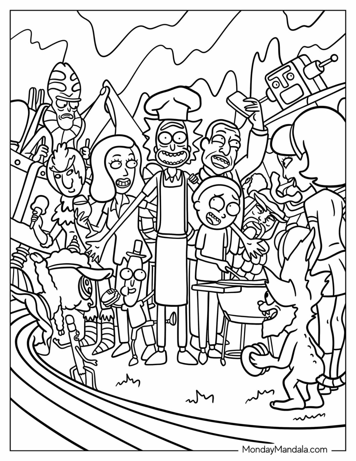 Rick and Morty Coloring Page Of Backyard Barbecue Party With Characters