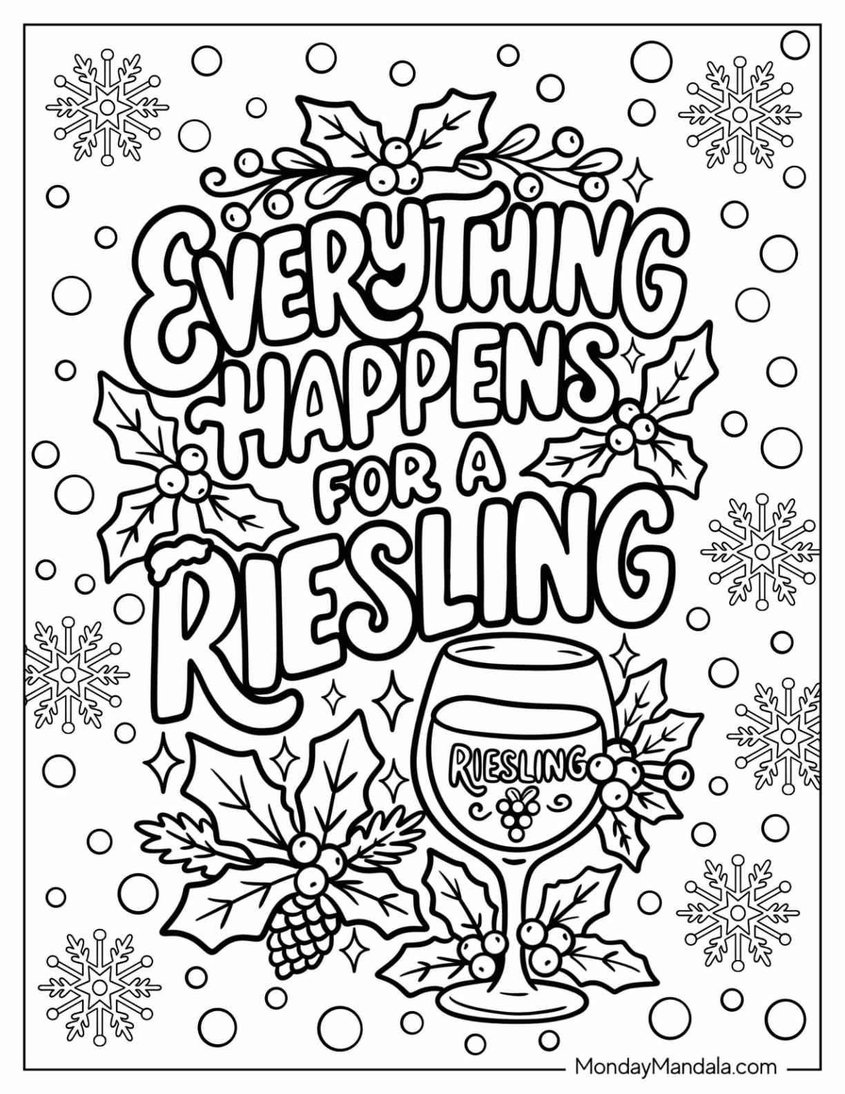 Riesling Wine Glass with Holly and Snowflakes Christmas for Adults Coloring Page