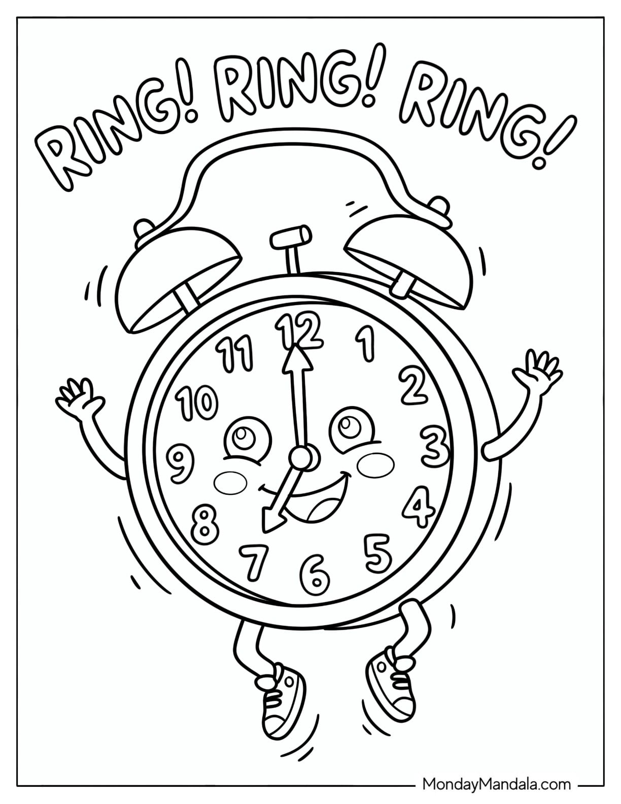 Ringing Alarm Clock Jumping with Excitement Coloring Page