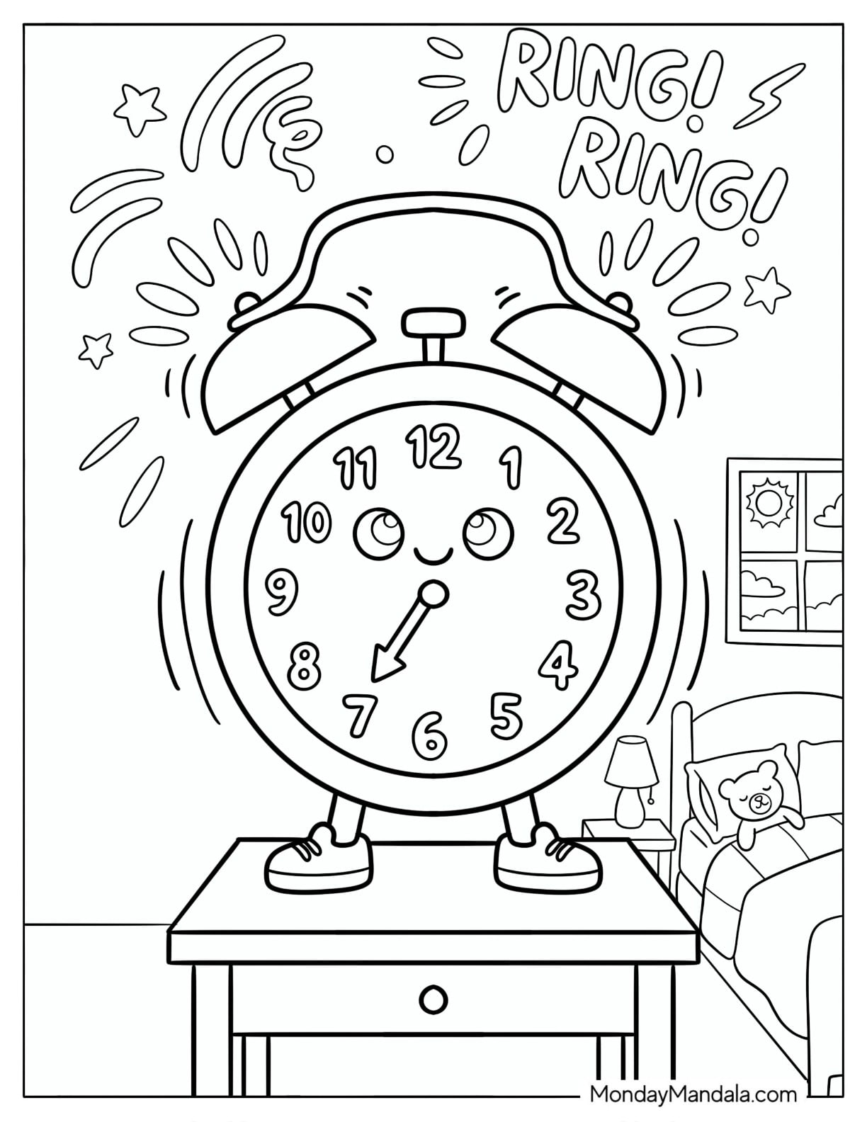 Ringing Alarm Clock Waking a Child in Bed Coloring Page for Kids