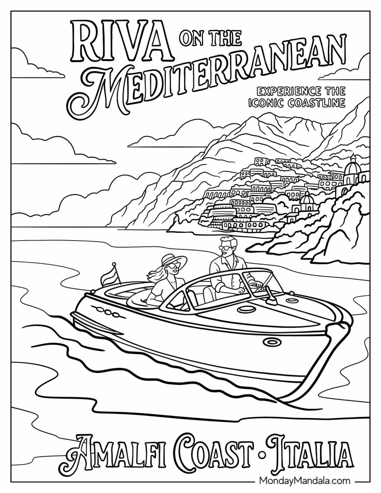 Italy Coloring Page of Riva Boat Ride Along the Amalfi Coast
