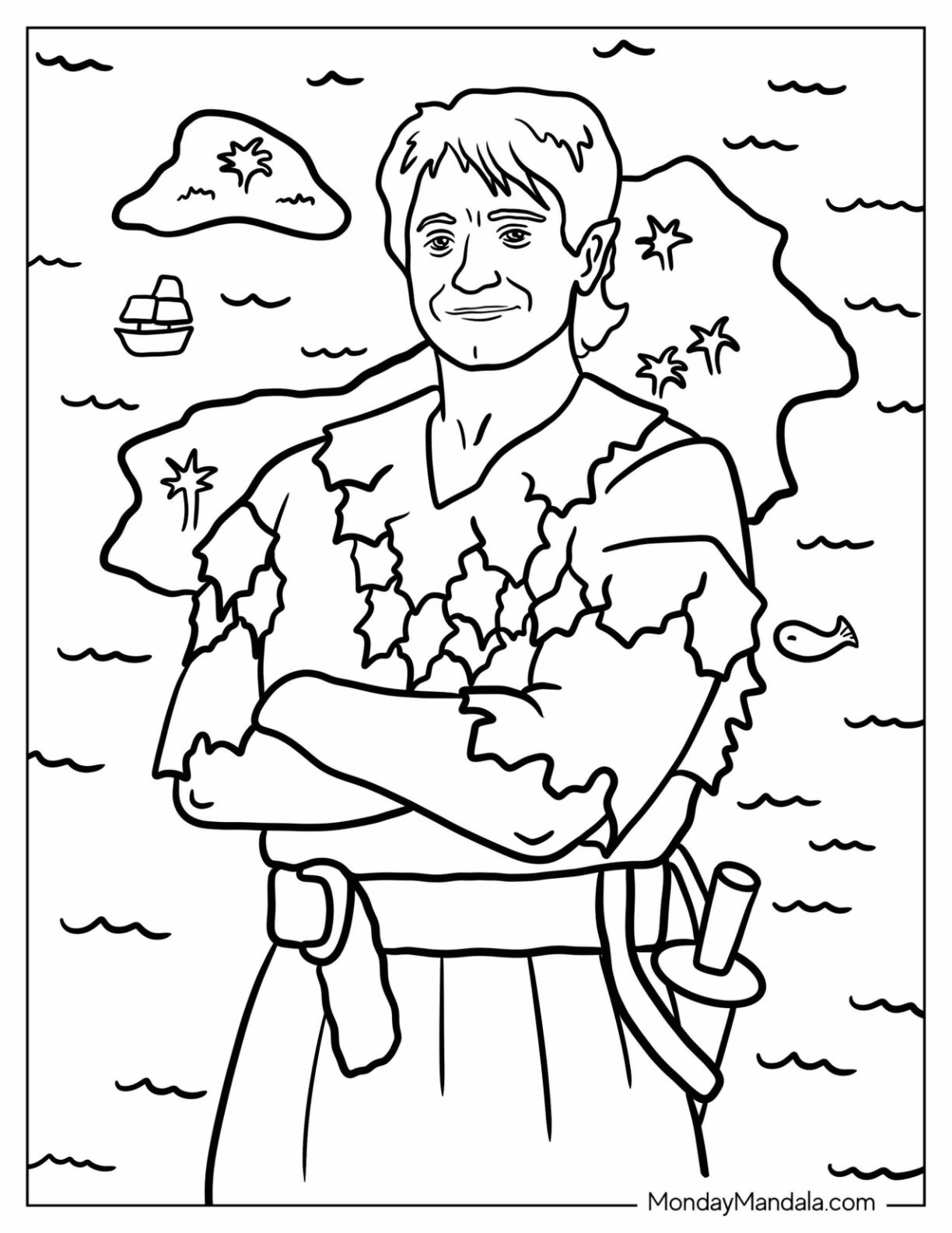 Robin Williams as Grown Up Peter Pan Coloring Page in Neverland