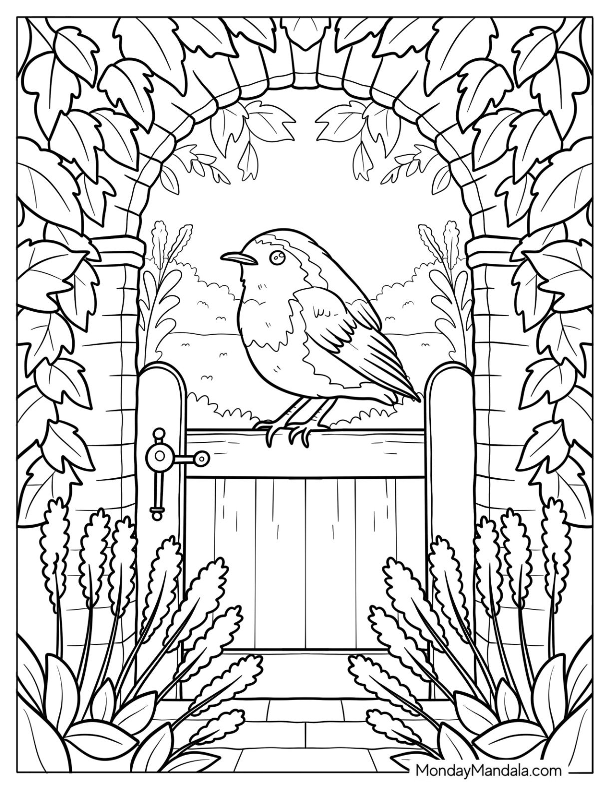 Robin Coloring Page on Garden Gate Beneath Leafy Stone Archway in Countryside