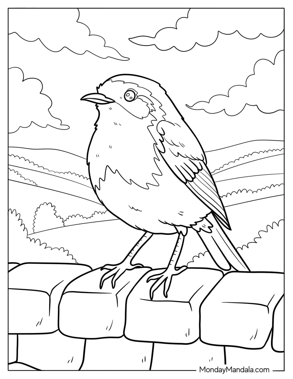 Robin Coloring Page on Stone Wall Overlooking Peaceful Hills and Countryside