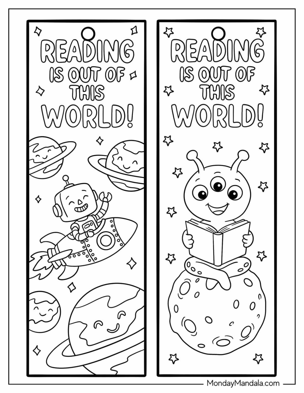 Robot in a Rocket and Alien Reading in Space Bookmark Coloring Page for Kids