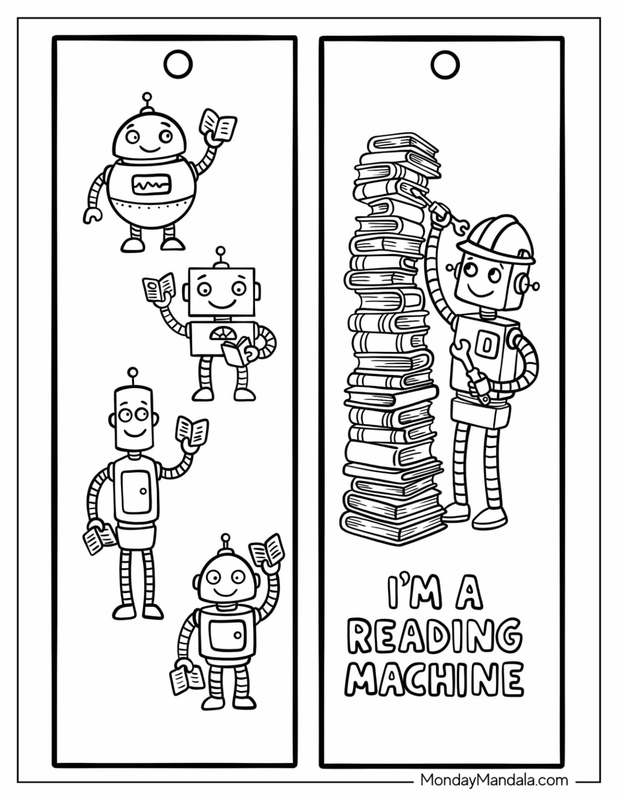 Robots Reading Books and Robot with Book Stack Bookmark Coloring Page