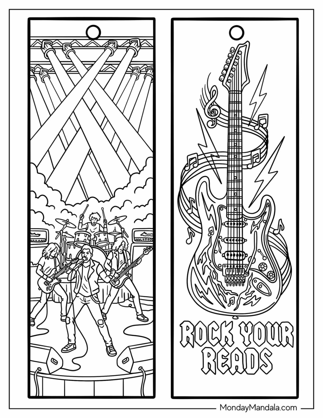 Rock Band on Stage and Electric Guitar Bookmark Coloring Page