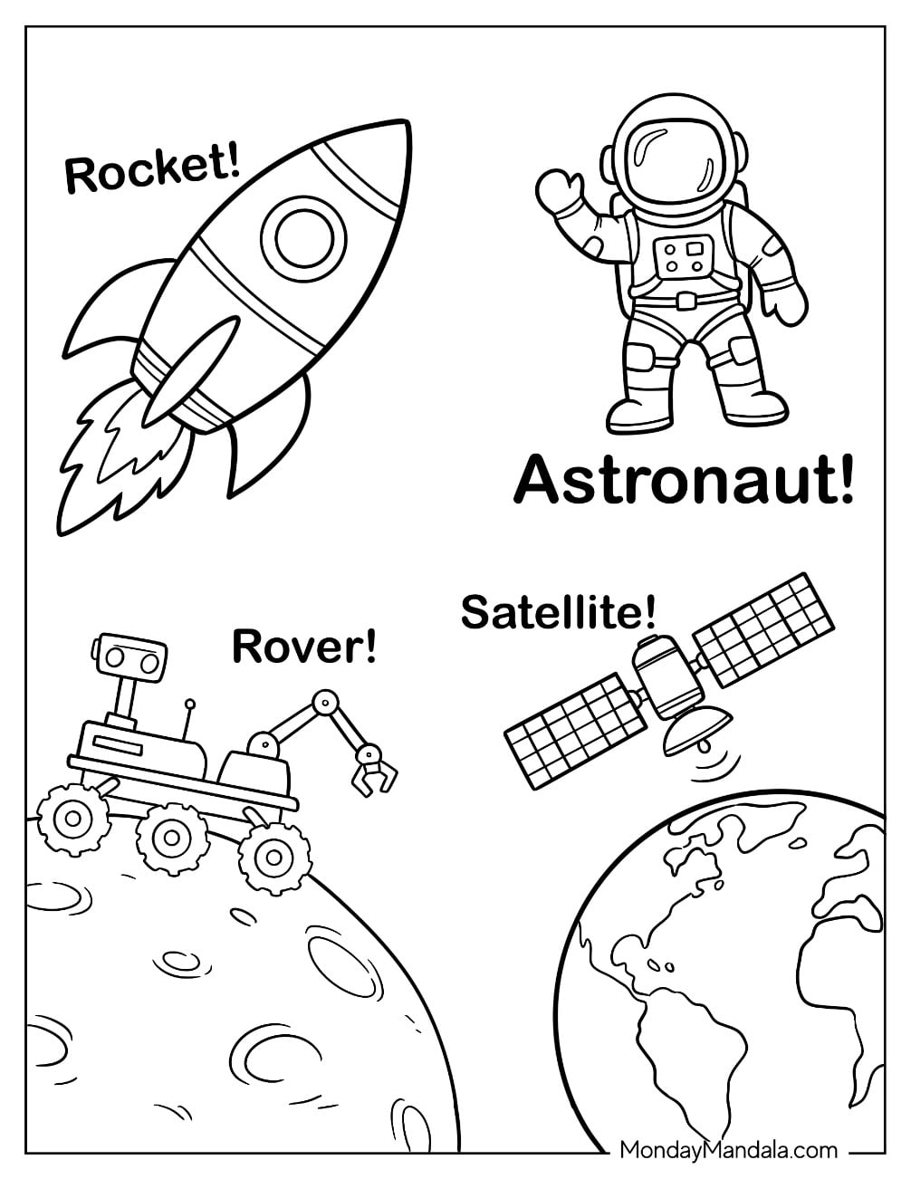 Solar System Coloring Page of Rocket, Astronaut, Rover, and Satellite Space Explorations