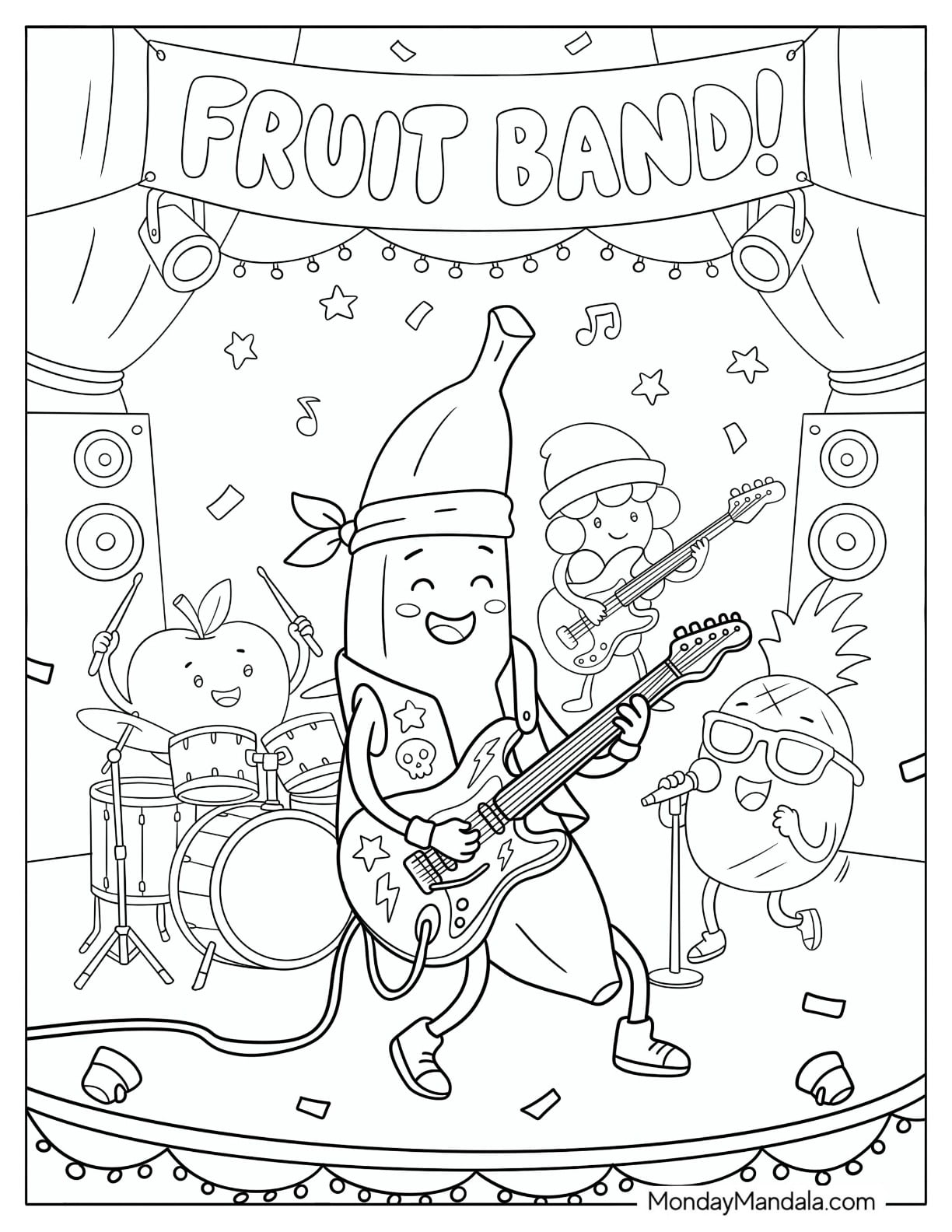 Rockstar Banana Playing the Electric Guitar in a Fruit Band