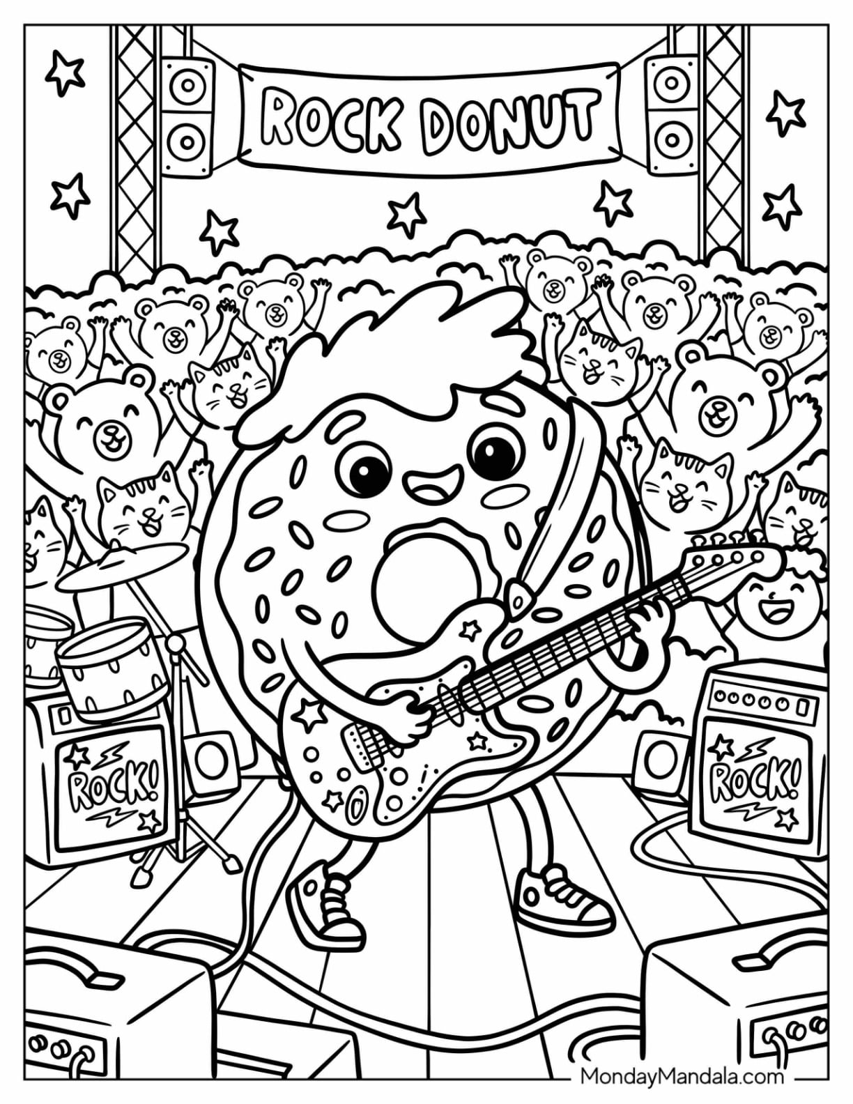Rockstar Donut Playing Electric Guitar on Stage Coloring Page