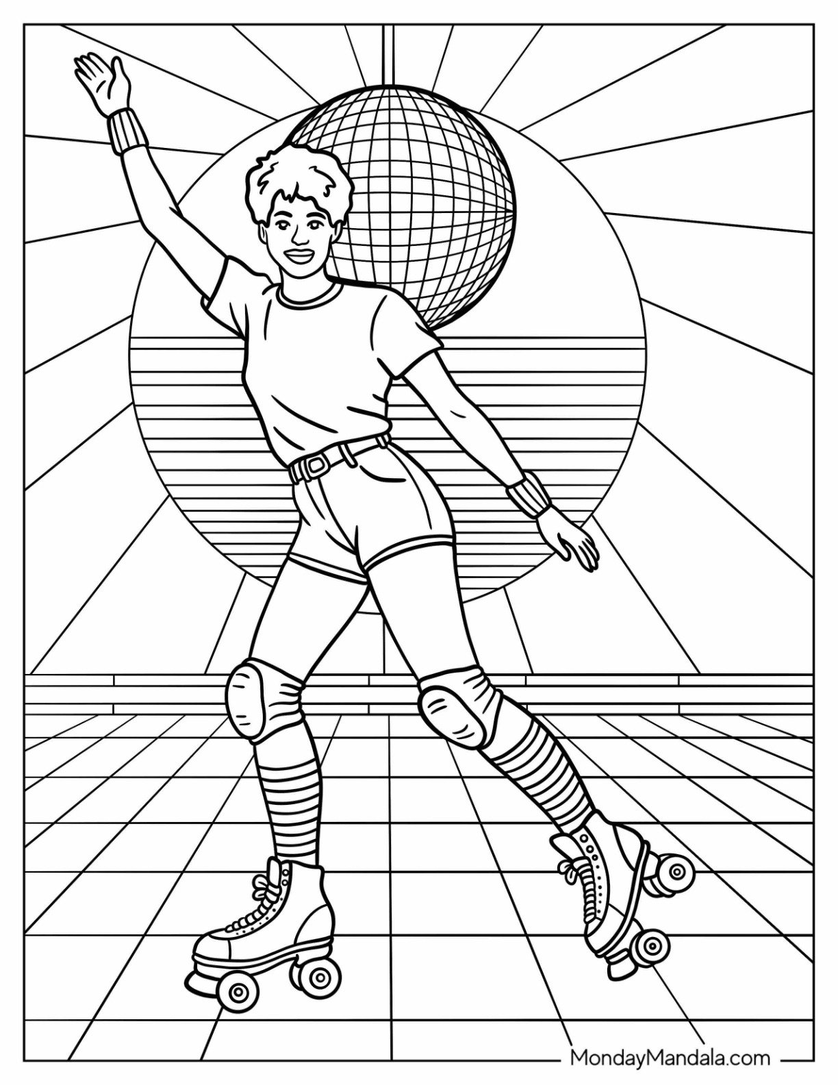 Roller Skating Girl Under Disco Ball on Checkered Floor 80’s Coloring Page