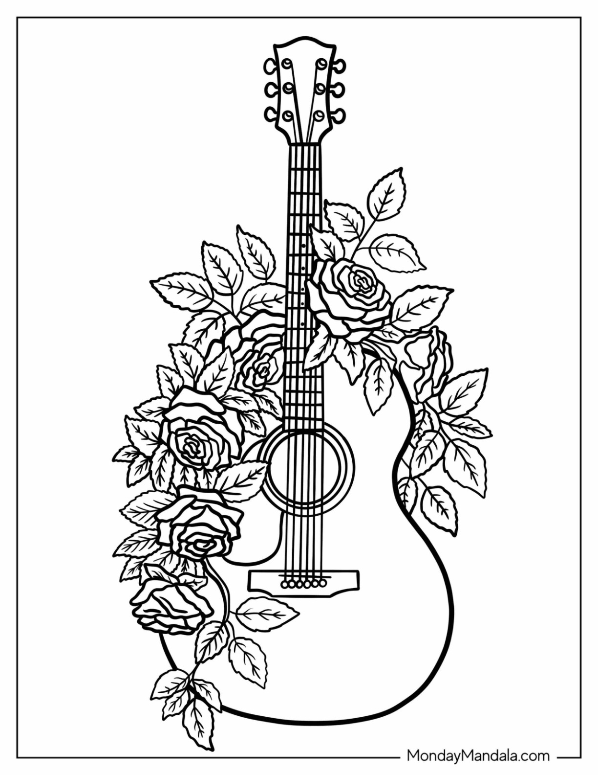Romantic Acoustic Guitar Coloring Page with Roses