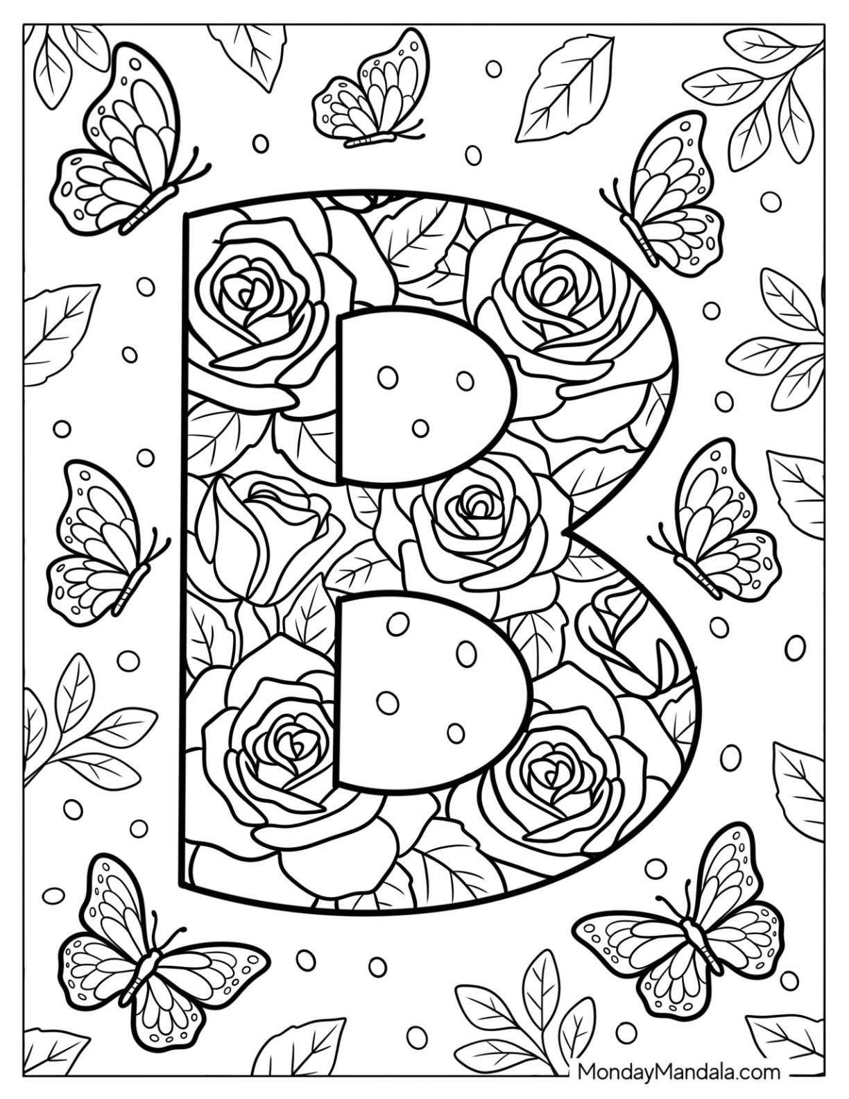 Romantic Letter B Coloring Page with Roses and Butterflies