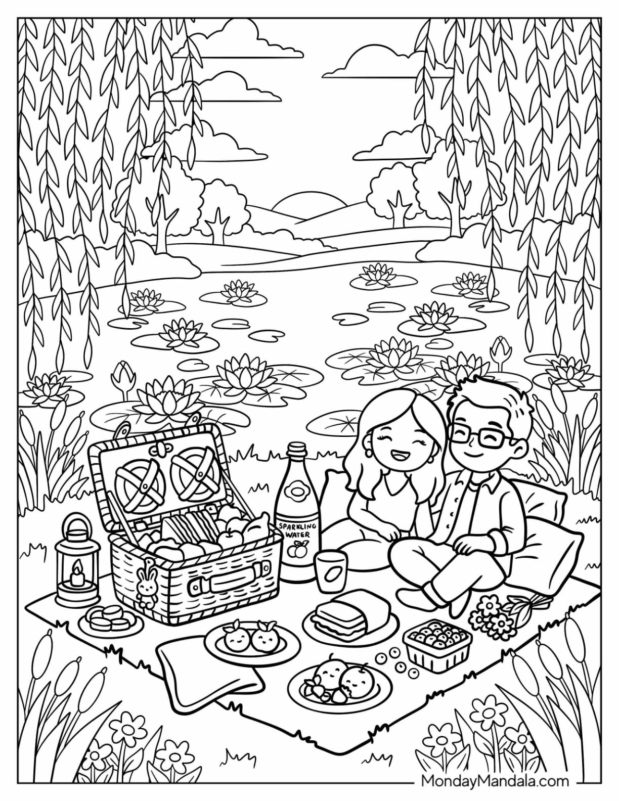 Romantic Picnic by a Lily Pond Coloring Page for Adults