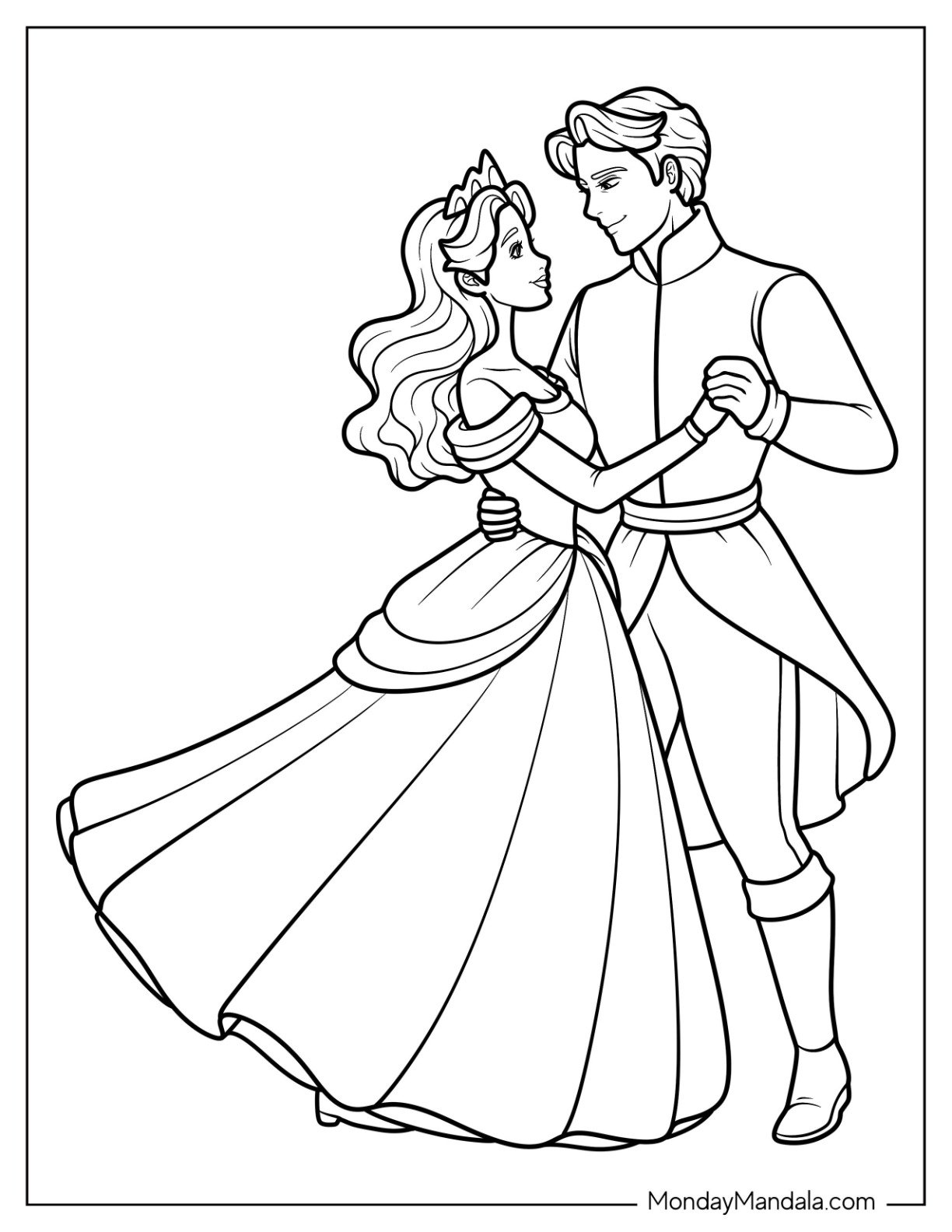 Romantic Princess Coloring Page Dancing with Prince in Flowing Gown for Kids