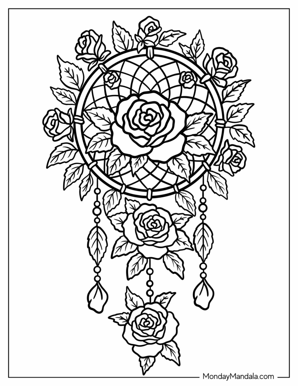 Romantic Rose Coloring Page Dreamcatcher with Beads and Leaves