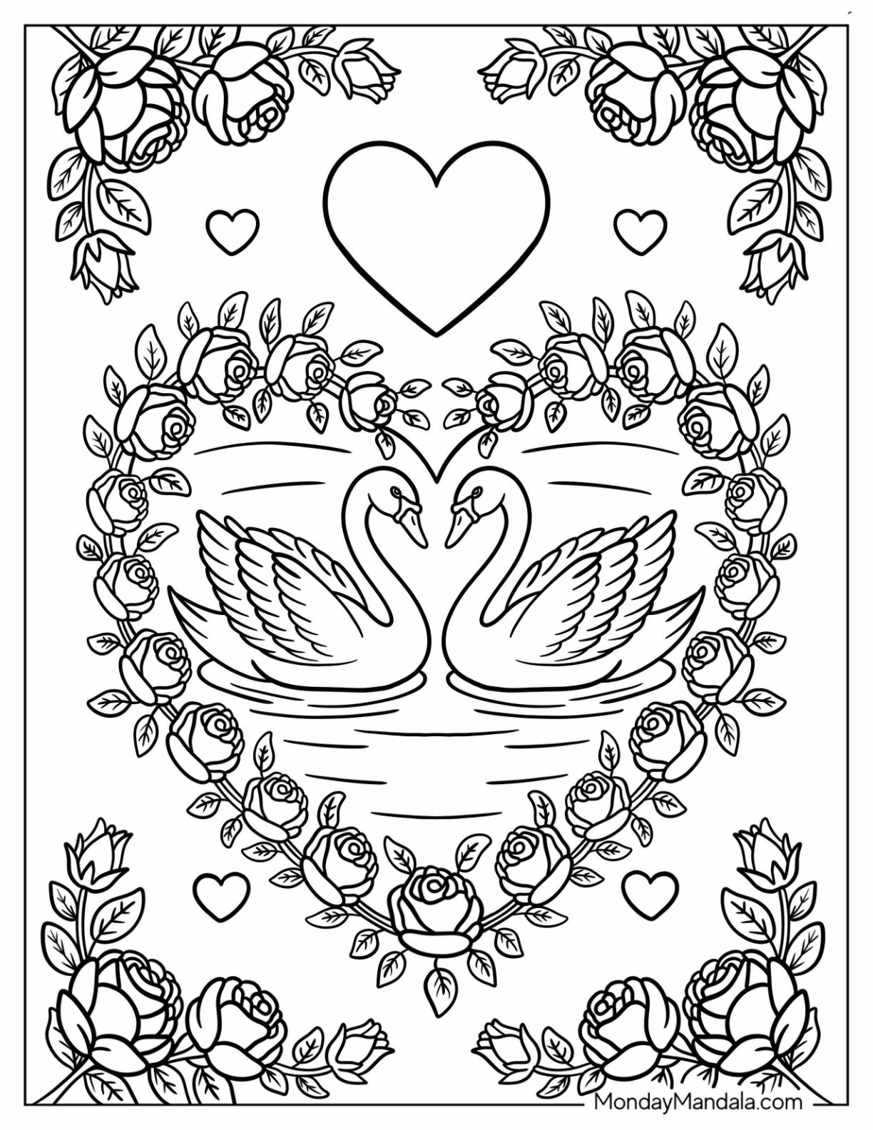 Romantic Swan Coloring Page inside a Love Heart Made of Roses