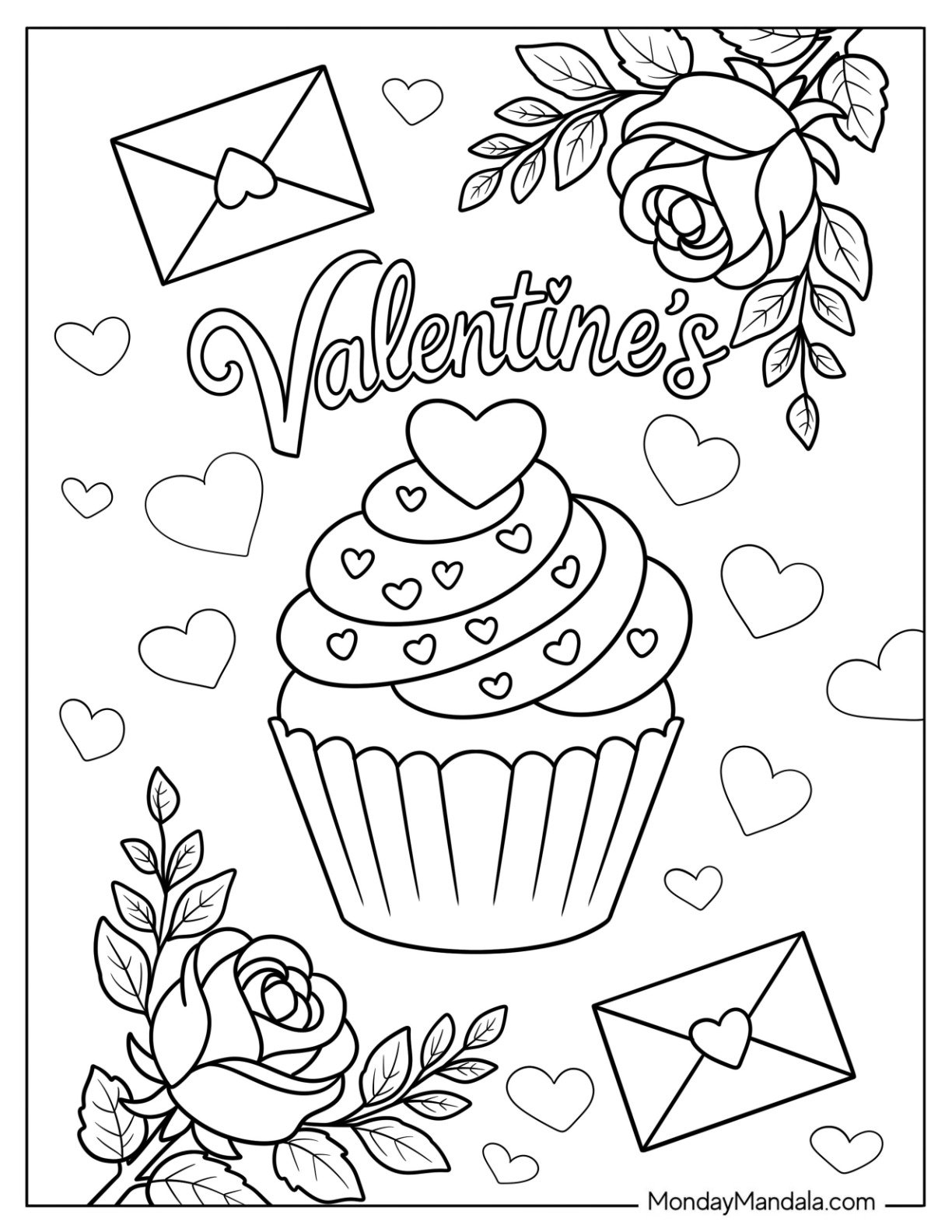 Romantic Valentine’s Cupcake Coloring Page with Hearts, Roses, and Love Letters