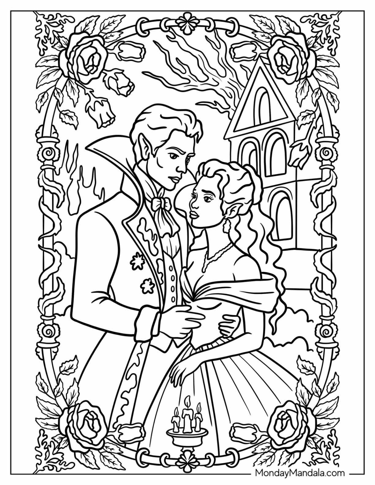 Romantic Vampire and Woman Embracing in Front of a Gothic Castle Halloween Coloring Page for Adults