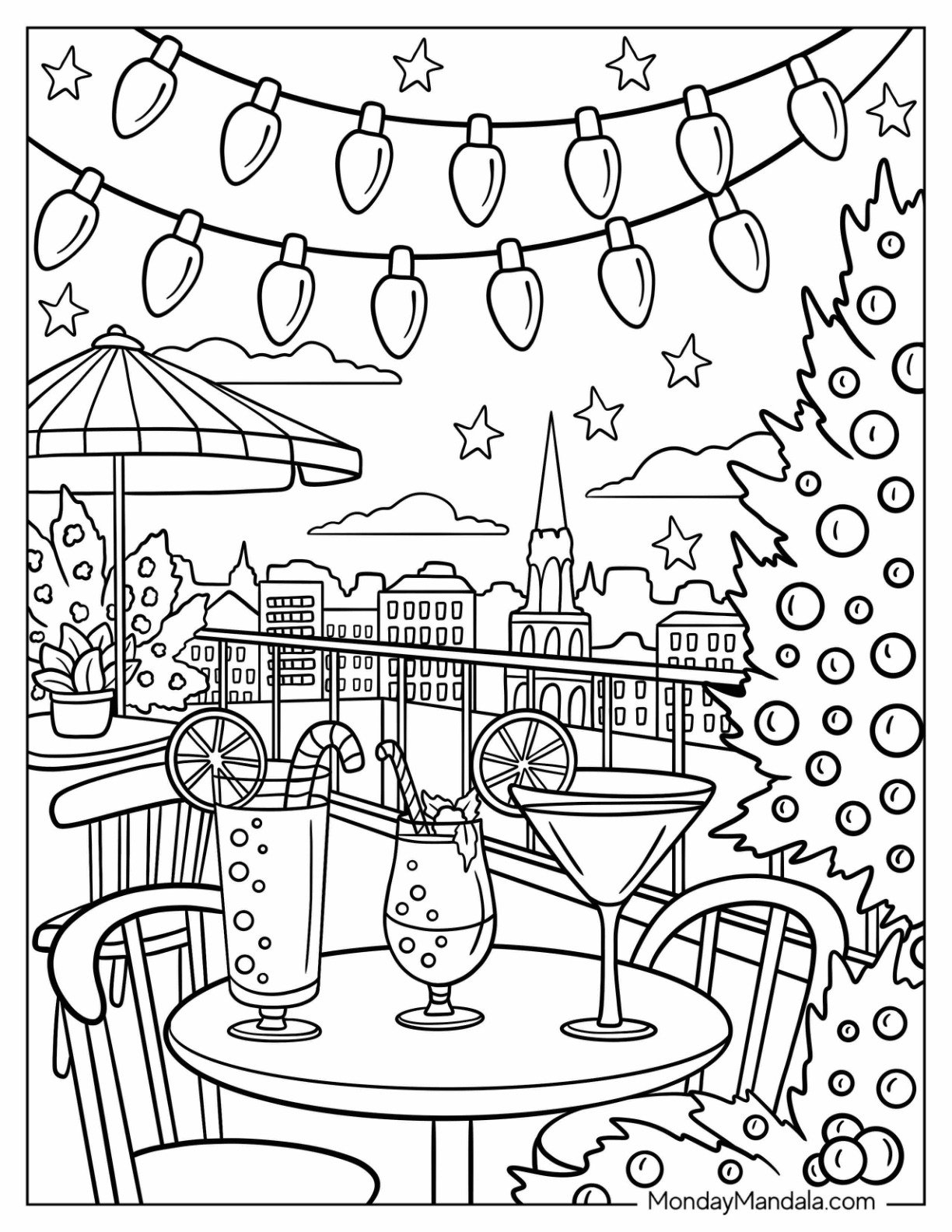 Rooftop Dining with Cocktails and Christmas Lights Coloring Page Overhead