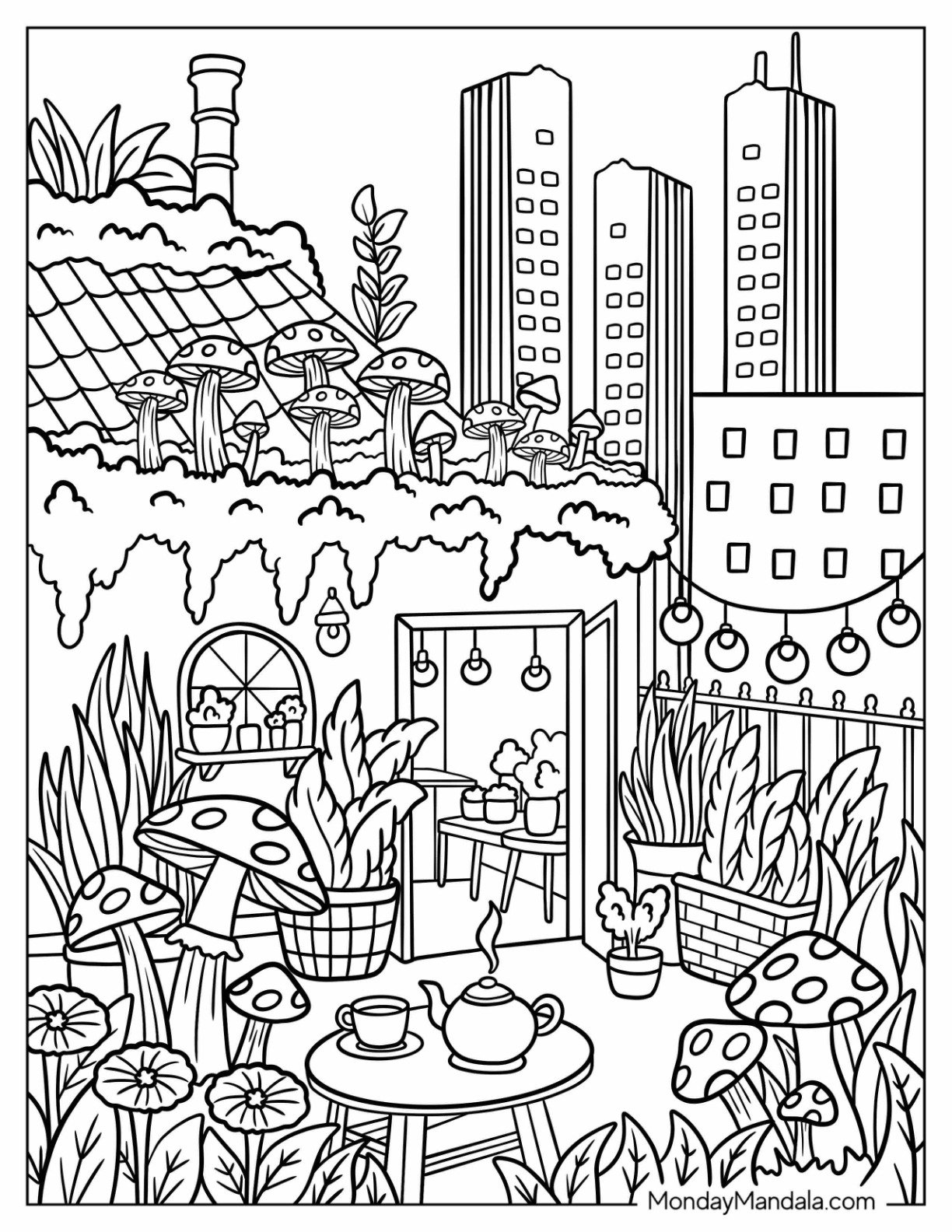 Rooftop Tea Time in a Mushroom City Garden Coloring Page