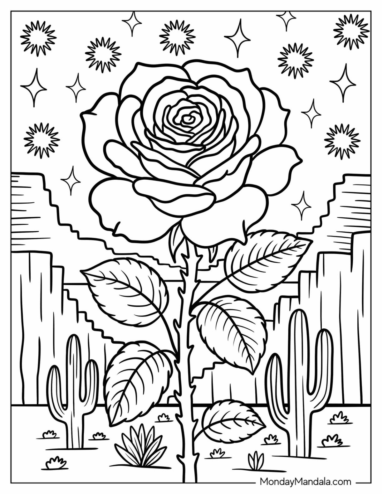 Rose Coloring Page Blooming in the Desert with Cacti in the Background
