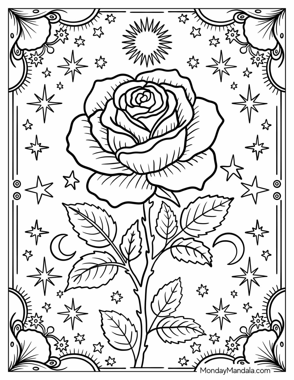 Rose Coloring Page Tarot Card With Elegant Frame and Sparkles