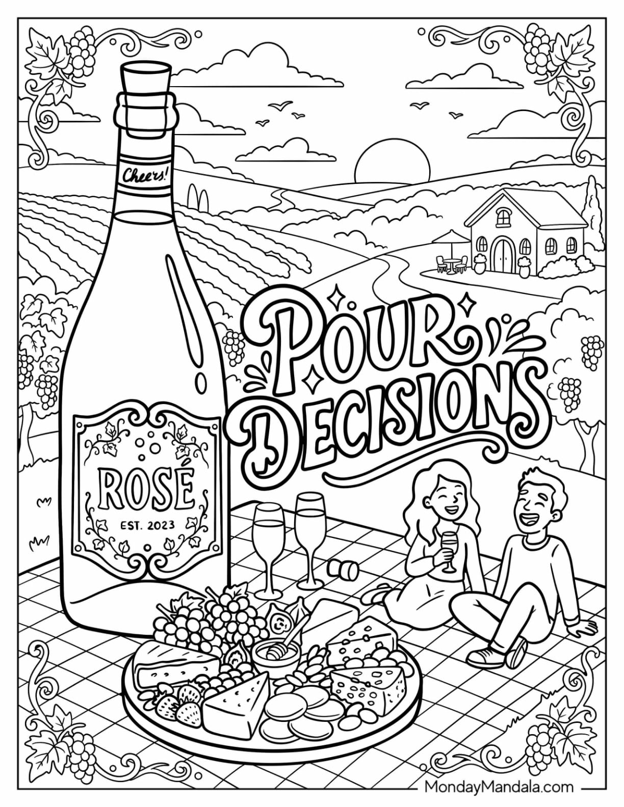 Rose Wine with Charcuterie Board on a Picnic Coloring Sheet
