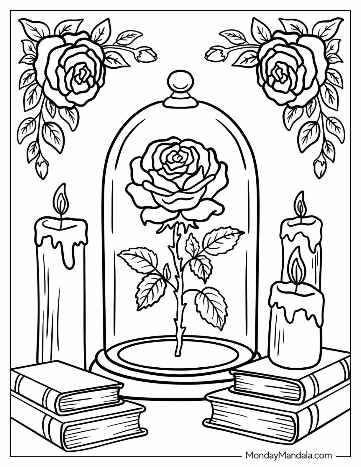 Rose Coloring Page in a Glass Dome Surrounded by Candles and Books