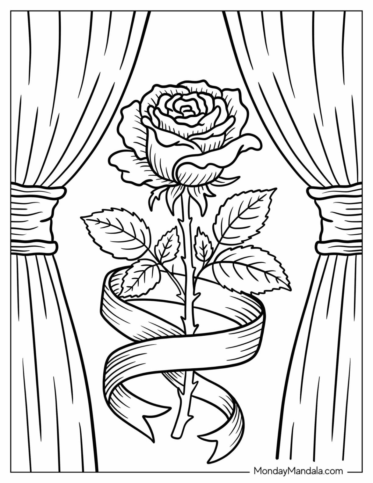 Rose Coloring Page with Leaves Loosely Wrapped in a Ribbon