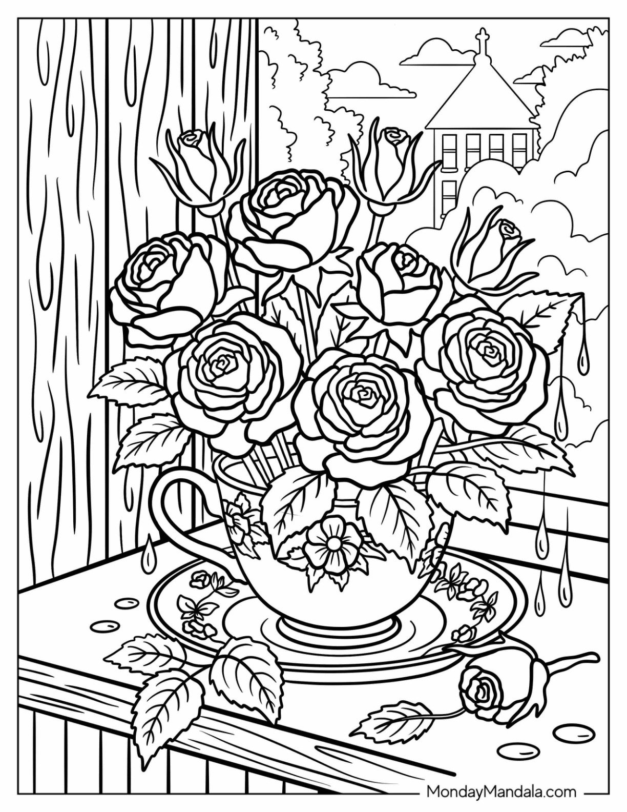 Rose Coloring Page in a Floral Teacup by the Window