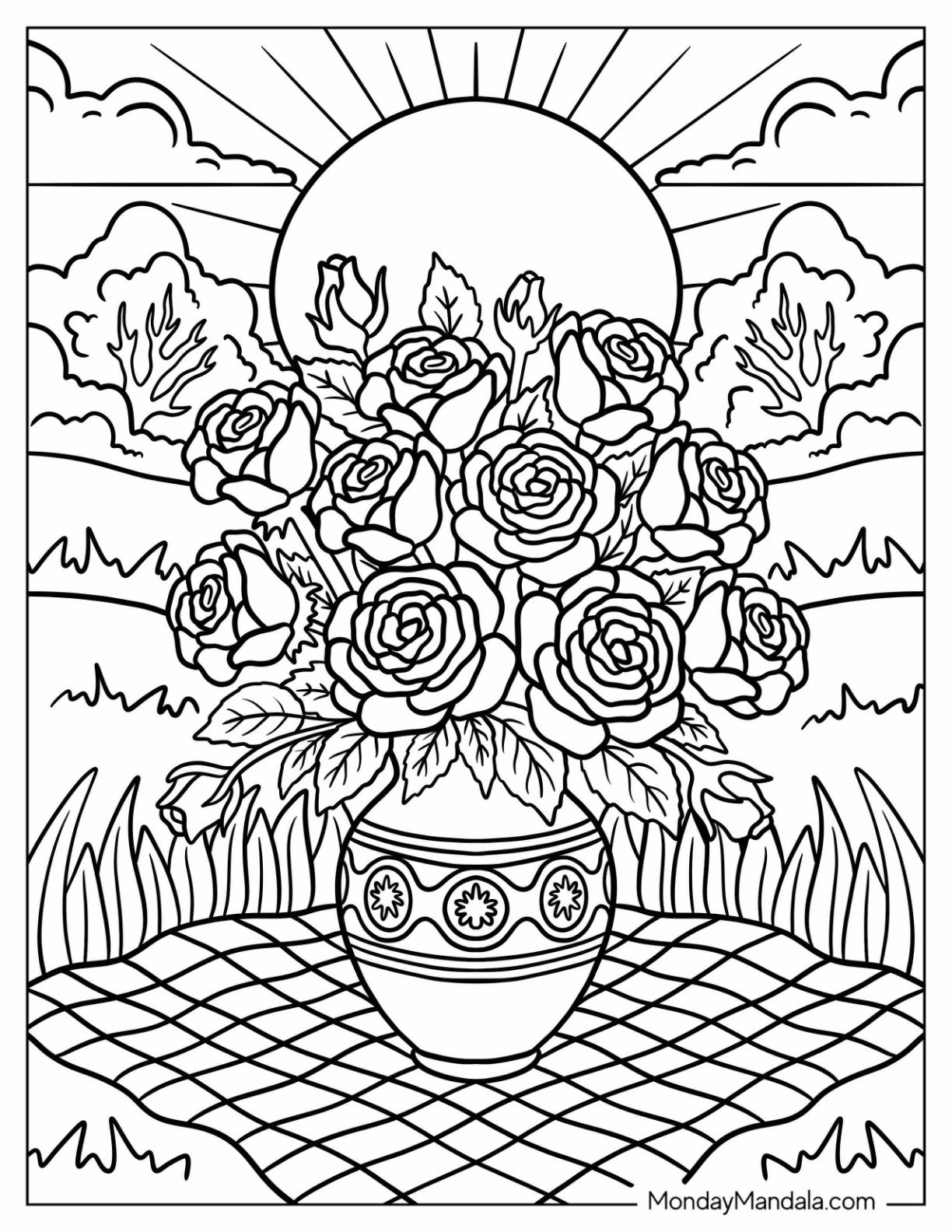 Rose Coloring Page in a Large Patterned Vase under the Sun