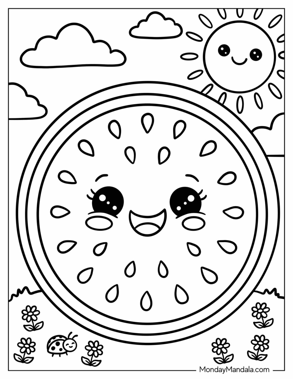 Round Watermelon Slice in a Sunny Flower Meadow Coloring Page for Kids