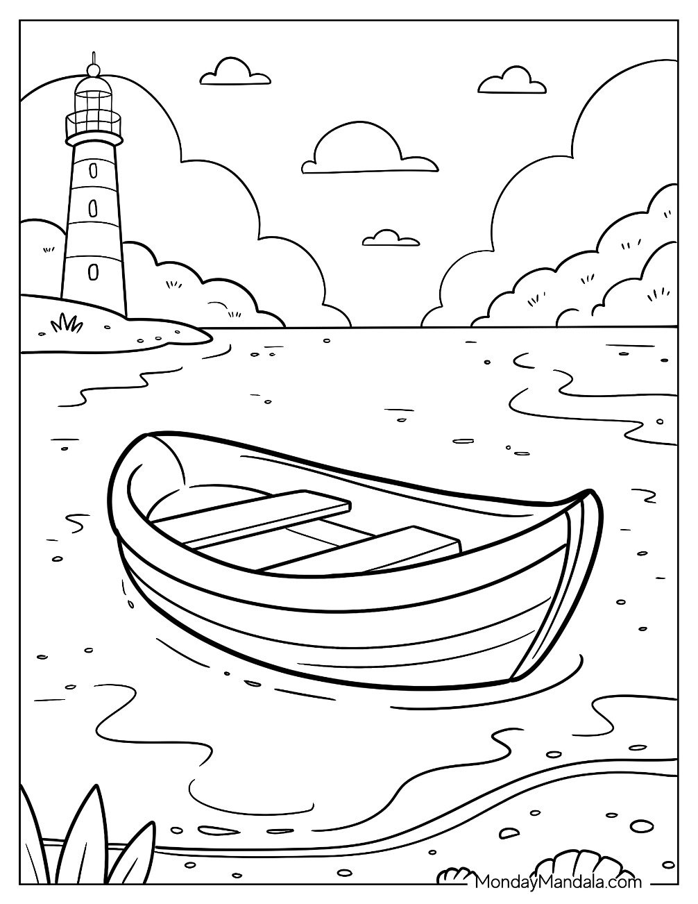Boat & Ship Coloring Page Floating on Peaceful Lake with Lighthouse and Cloudy Sky
