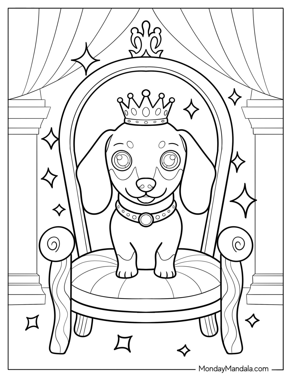 Royal Dachshund Wearing Crown on Throne with Sparkles and Curtains Coloring Page