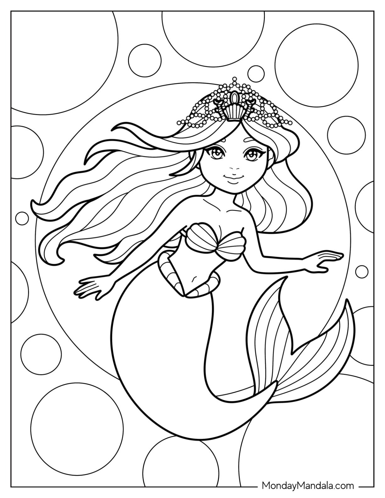 Royal Mermaid Coloring Page with Pearl Crown