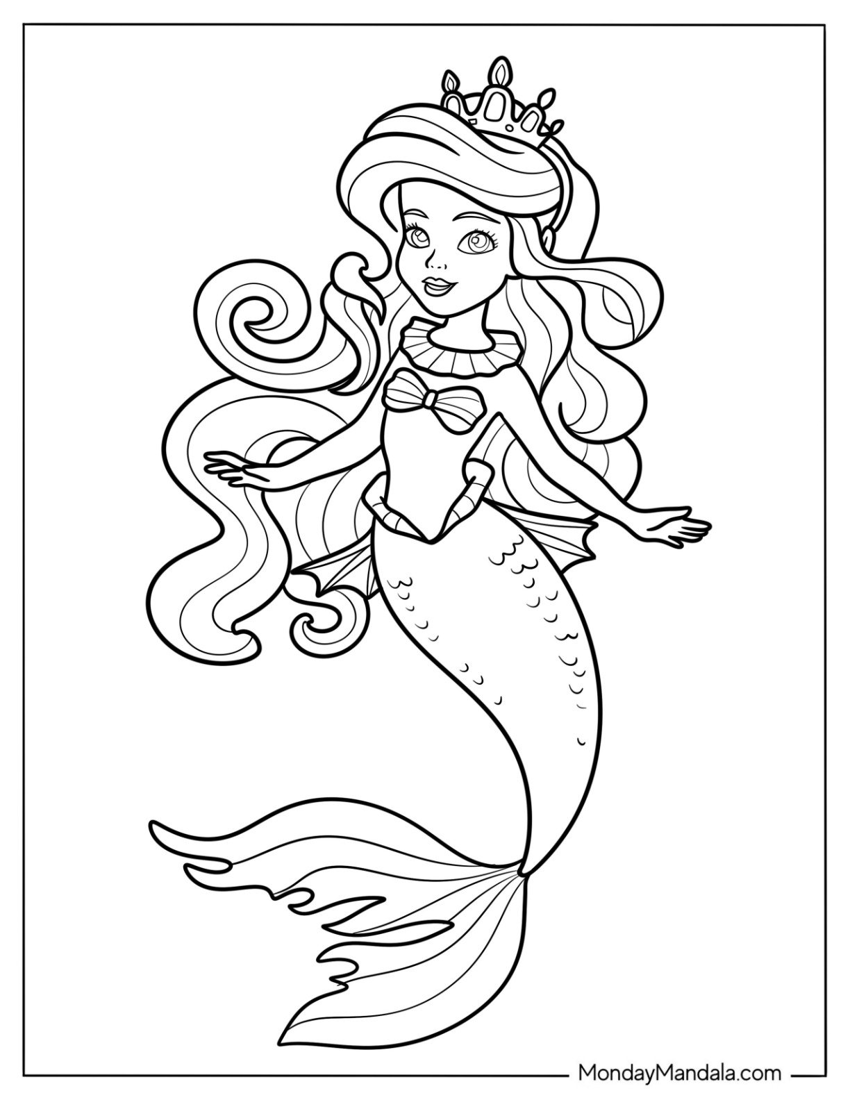 Royal Mermaid Coloring Page with Tiara and Curly Hair for Kids